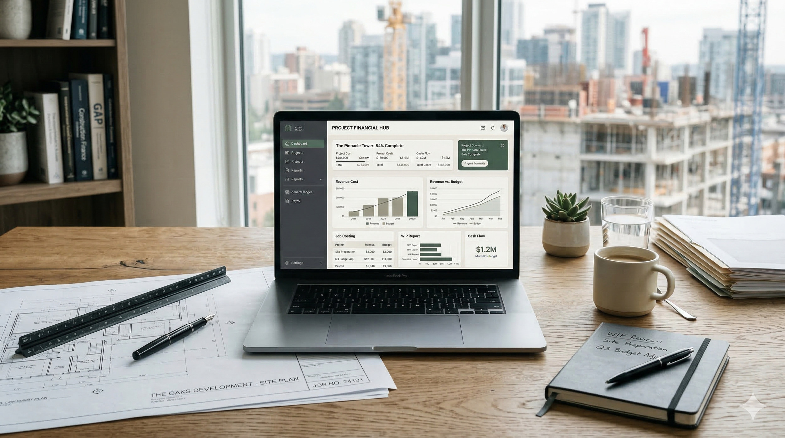 A workspace with a laptop displaying a project financial dashboard on a wooden table. The table holds architectural plans, a black ruler, a pen, a notebook with handwritten notes, a cup of coffee, a glass of water, and a small potted succulent plant. A large window offers a city skyline view with high-rise buildings under construction.