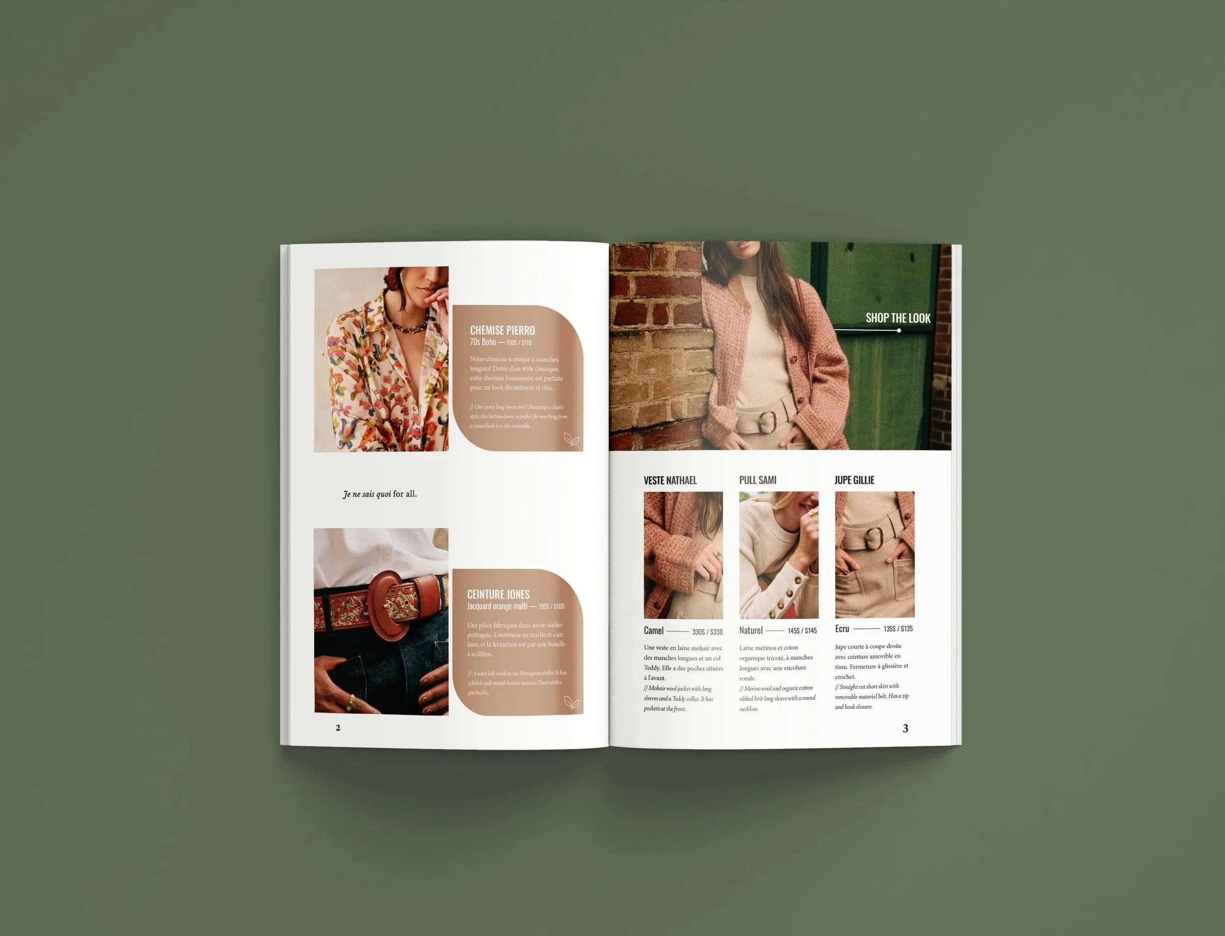 Open magazine showcasing women's fashion, featuring photos of clothing and accessories, with text descriptions and labels for different outfits.