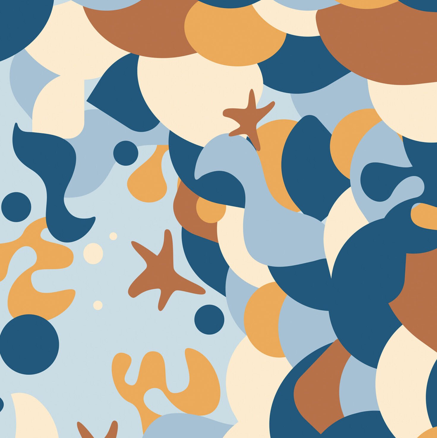 Abstract pattern with sea-themed shapes and colors, including starfish, shells, lizards, and flowing water in shades of blue, tan, cream, and brown.