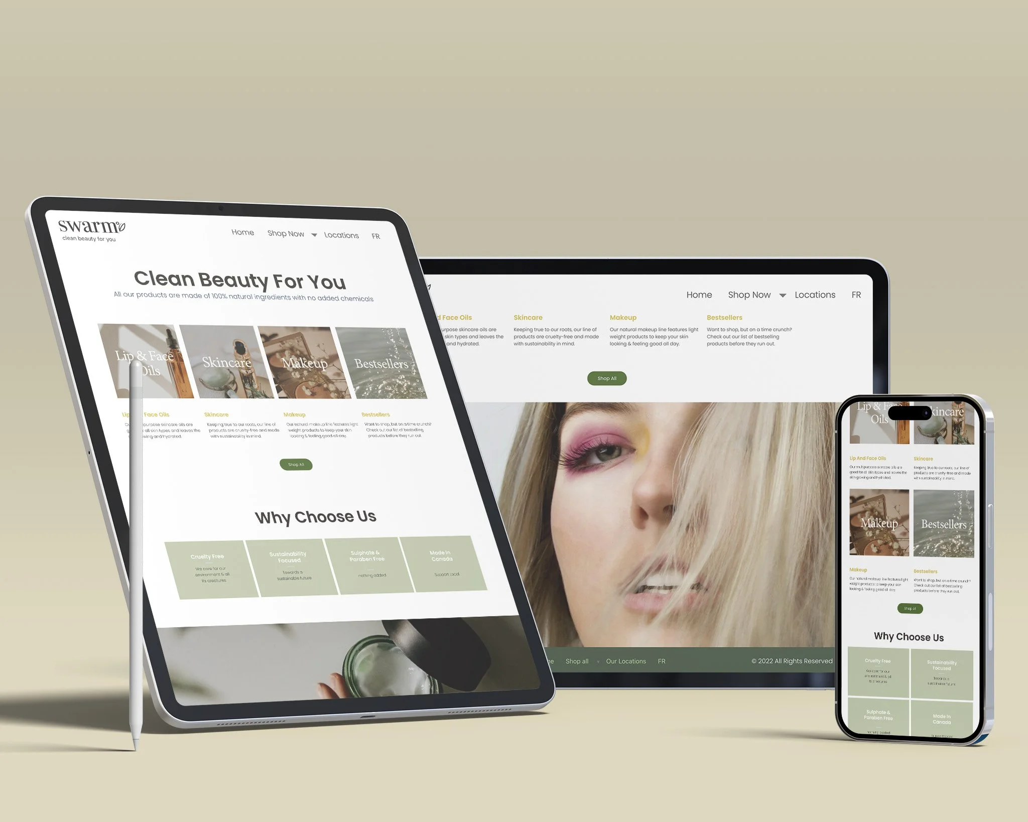 Website displaying skincare products on tablet and smartphone with a large photo of a woman with blonde hair on the laptop.