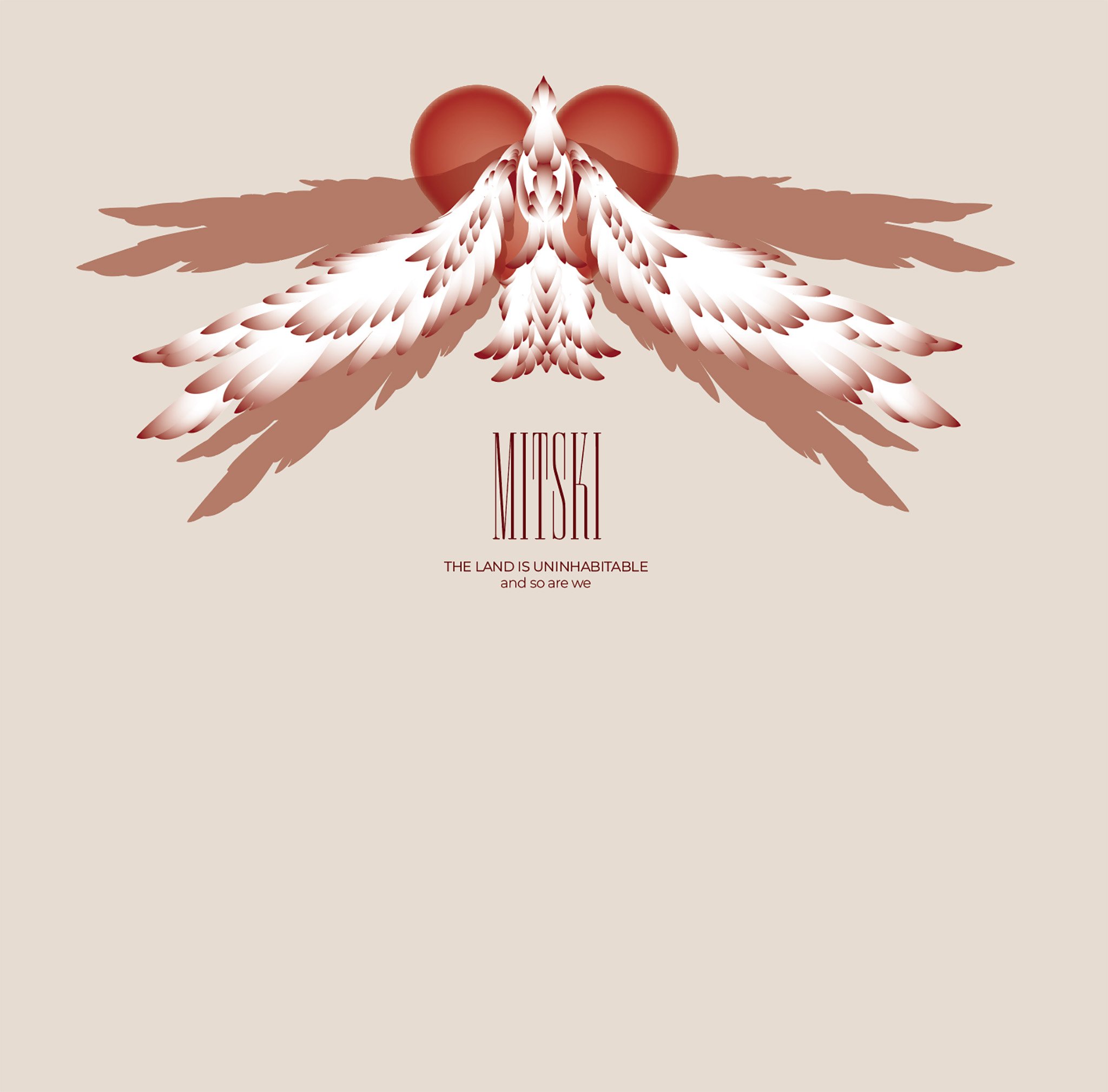 An artistic illustration of a bird with a human heart at the top, combining clock and bird features, with the word 'MITSUKI' and the phrase 'The land is uninhabitable and so are we' beneath.