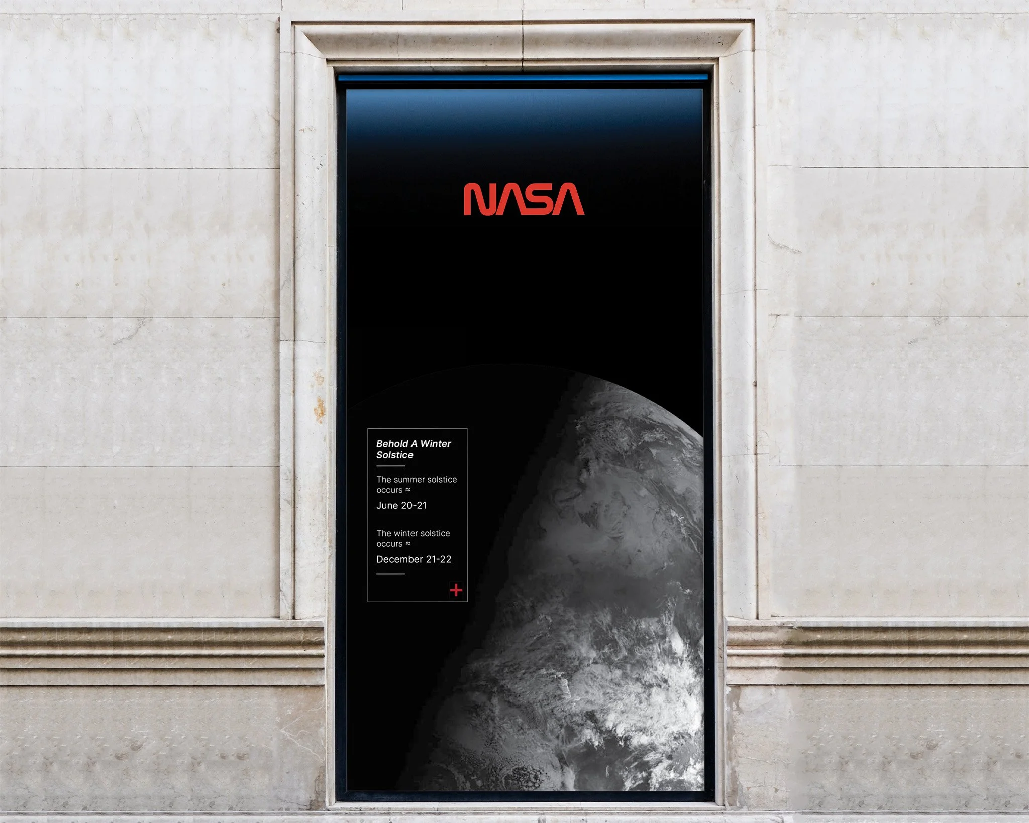 NASA advertisement on a door with a black background, the Earth at the bottom, and the NASA logo at the top; includes text about winter and summer solstices with dates.