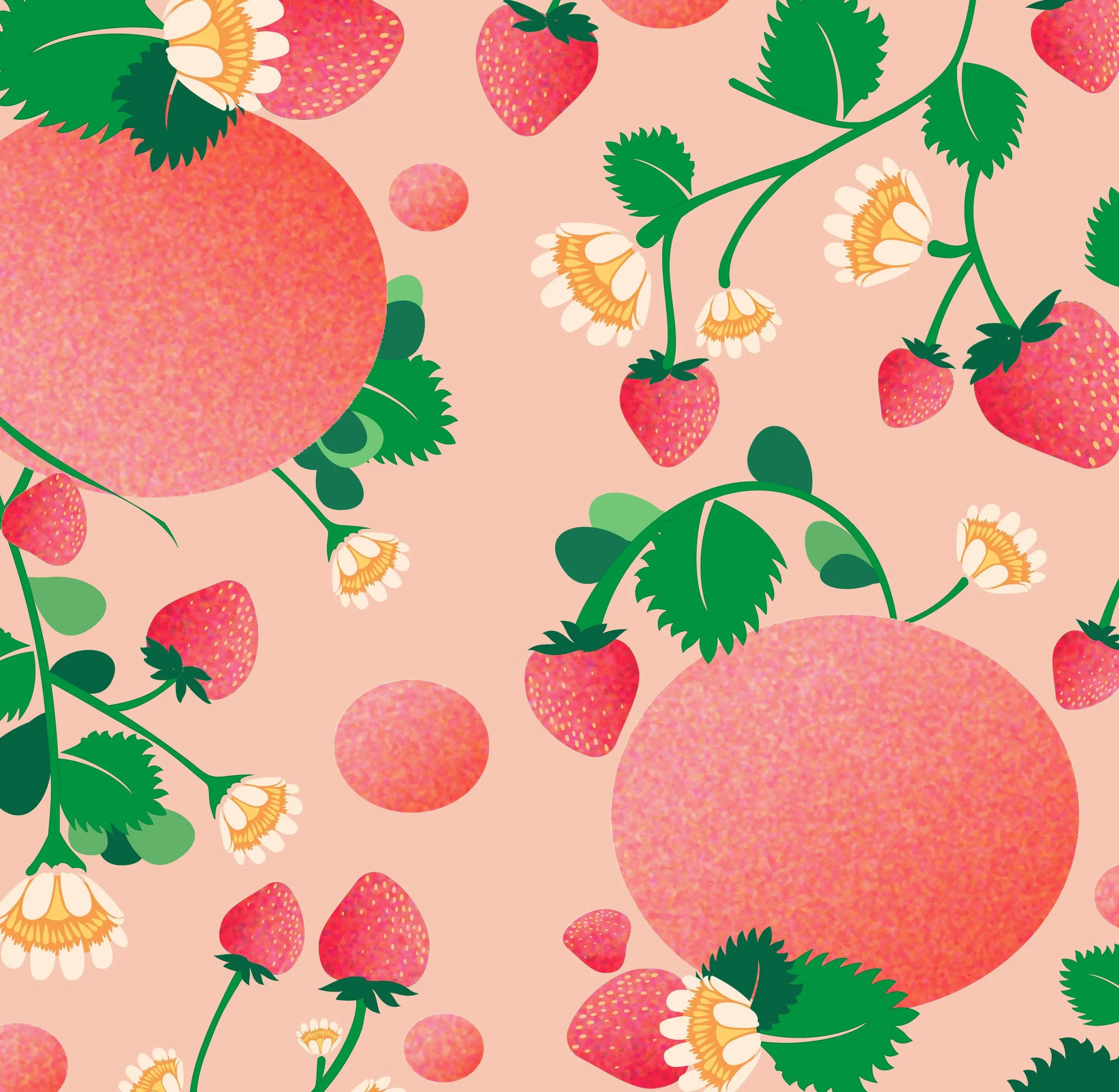 A pattern featuring strawberries, strawberry flowers, and large pink circles on a light pink background.