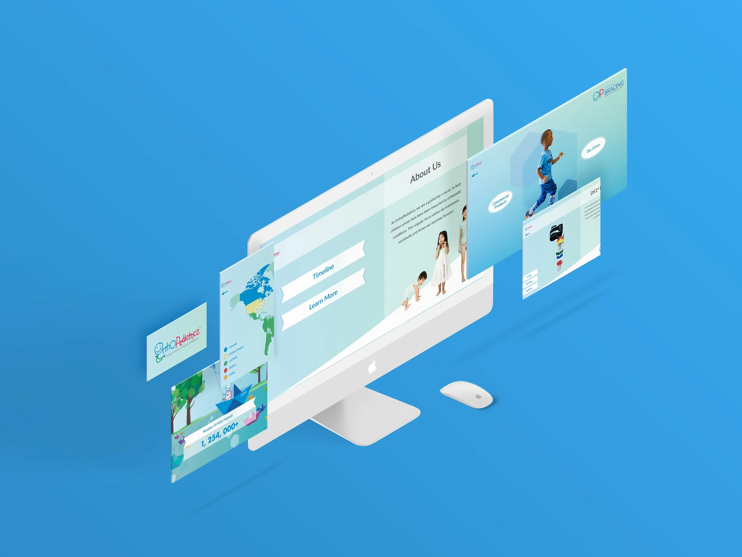 Digital illustration of a computer monitor displaying various web pages, with floating screens showing maps, children playing, and text.