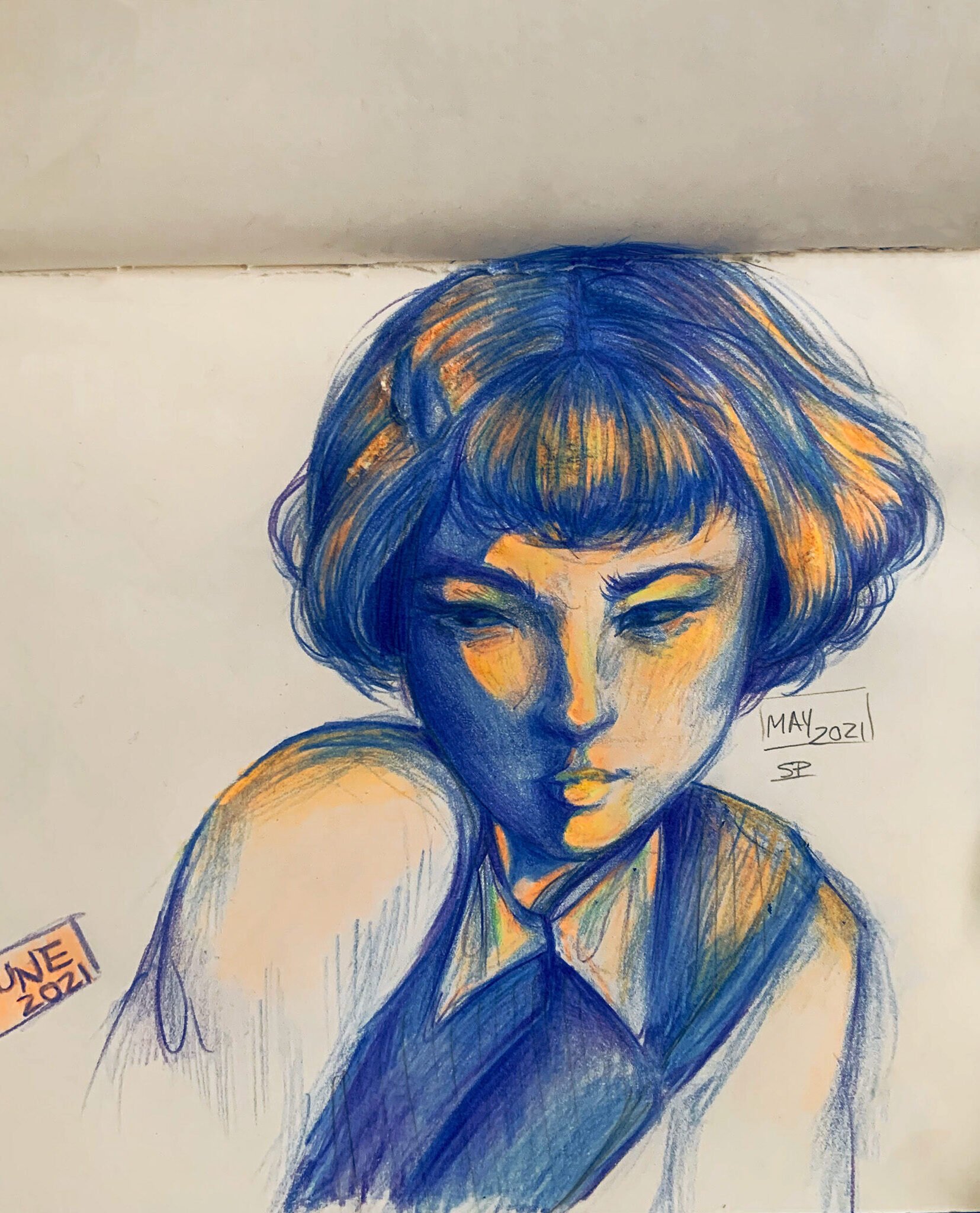 Colorful sketch of a young woman with short curly hair, closed eyes, and a pensive expression, using shades of blue, yellow, and orange, signed 'MAY 2021'.