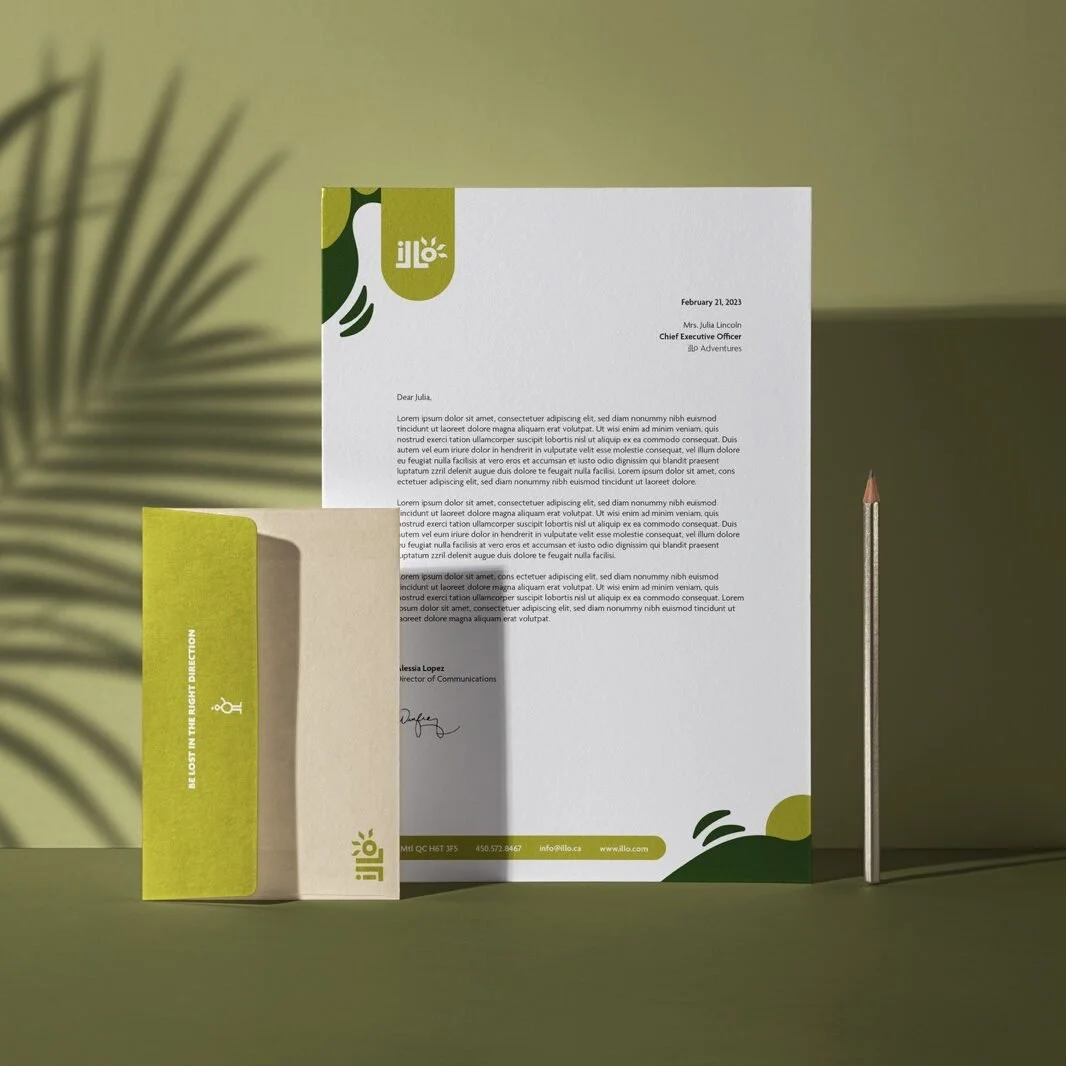 A letter and a folder with a pen on a green surface with a shadow of a leaf in the background.
