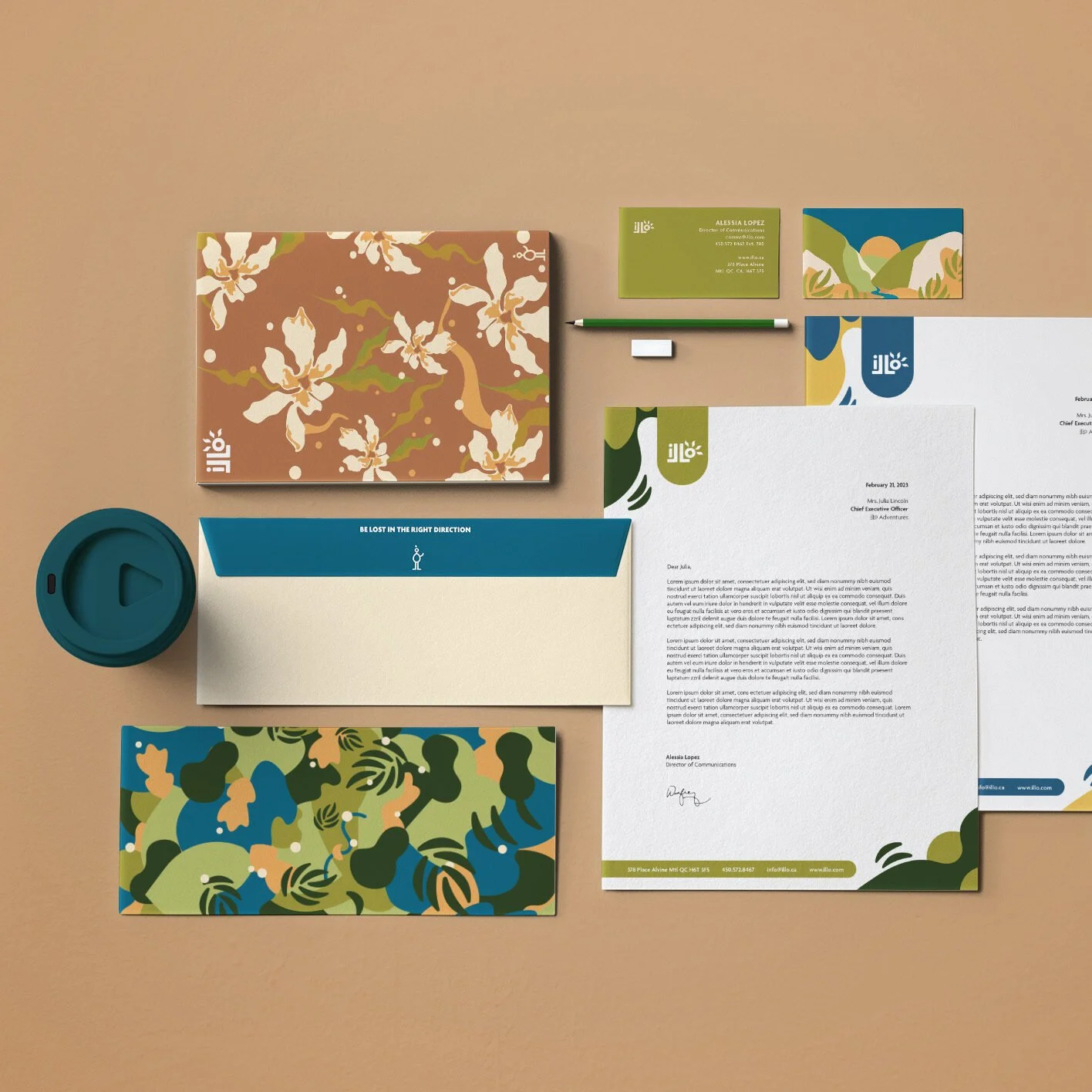 Flat lay of a collection of stationery and branding materials, including colorful letterhead, business cards, envelopes, a notebook, a pen, and a cup with a lid, all arranged on a beige surface.