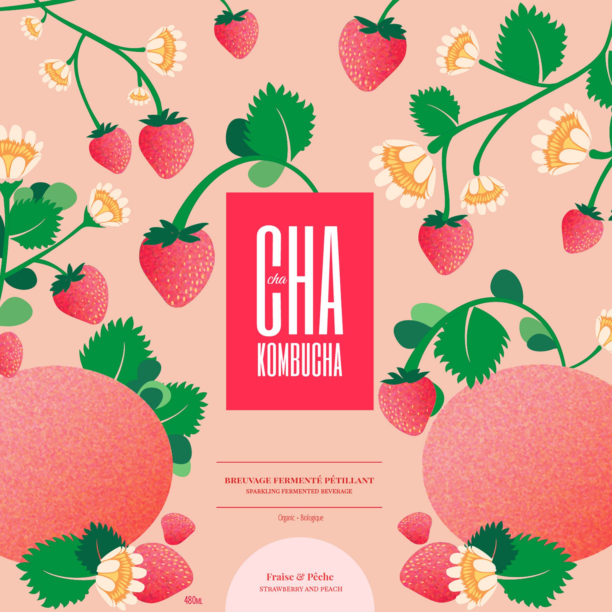 Packaging for a sparkling fermented strawberry and peach flavored kombucha with a pink background, strawberry illustrations, strawberry flowers, and large pink circles resembling peaches.