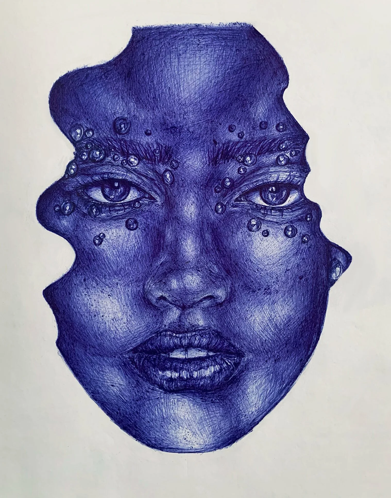 A surreal illustration of a woman's face in shades of blue, with eyes and lips, where the face appears to be melting or blending with another face or form.