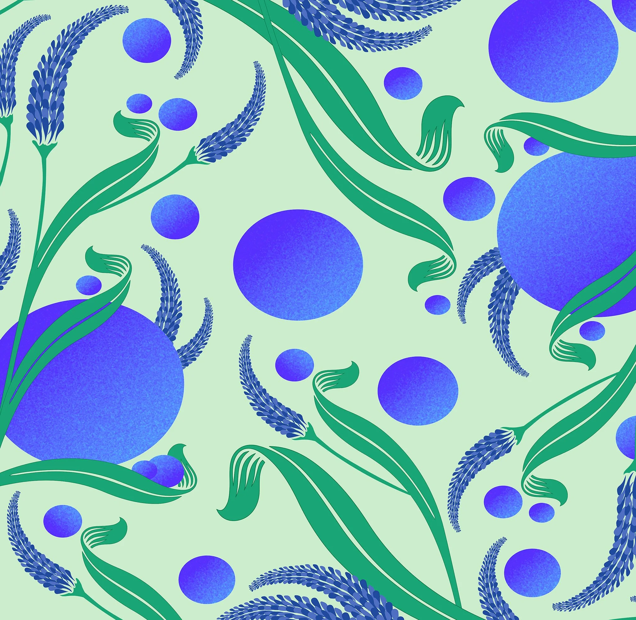 A pattern with green leaves, blue wheat stalks, and blue circles of various sizes on a light green background.