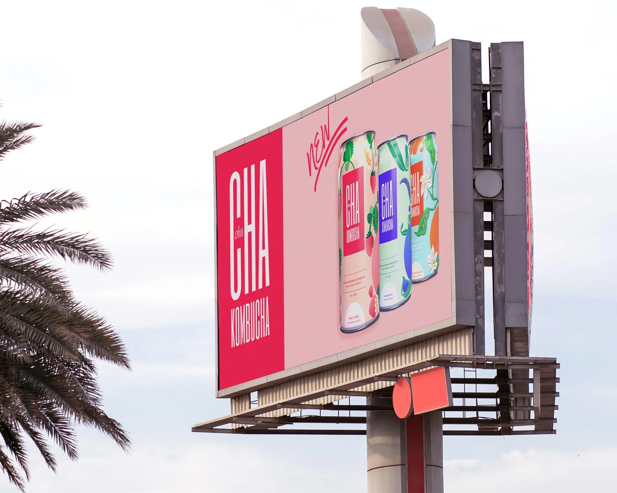Billboard advertising a new line of ChunGo kombucha flavors with colorful cans on a pink background.