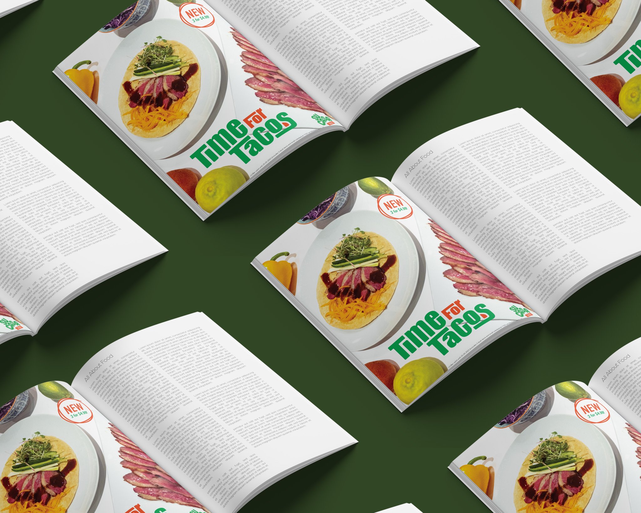 Multiple copies of a magazine or brochure titled "Time For Tacos" spread out on a green surface. The cover features a plate of tacos garnished with greens and sauces, along with images of vegetables and sliced meat.