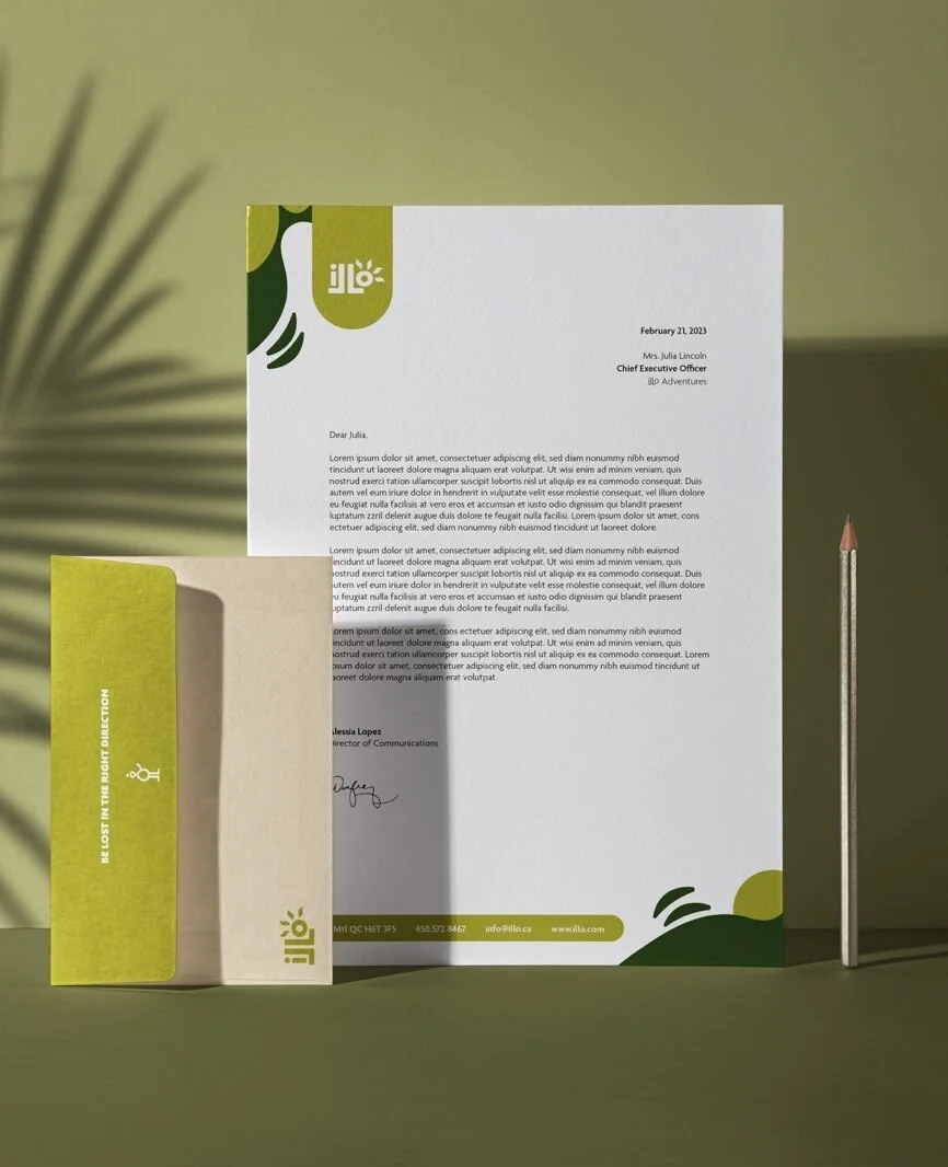 Letters and envelopes on a green surface, with a larger letter in the center, a smaller envelope on the left, and a pen on the right. The documents feature green and white branding and text.