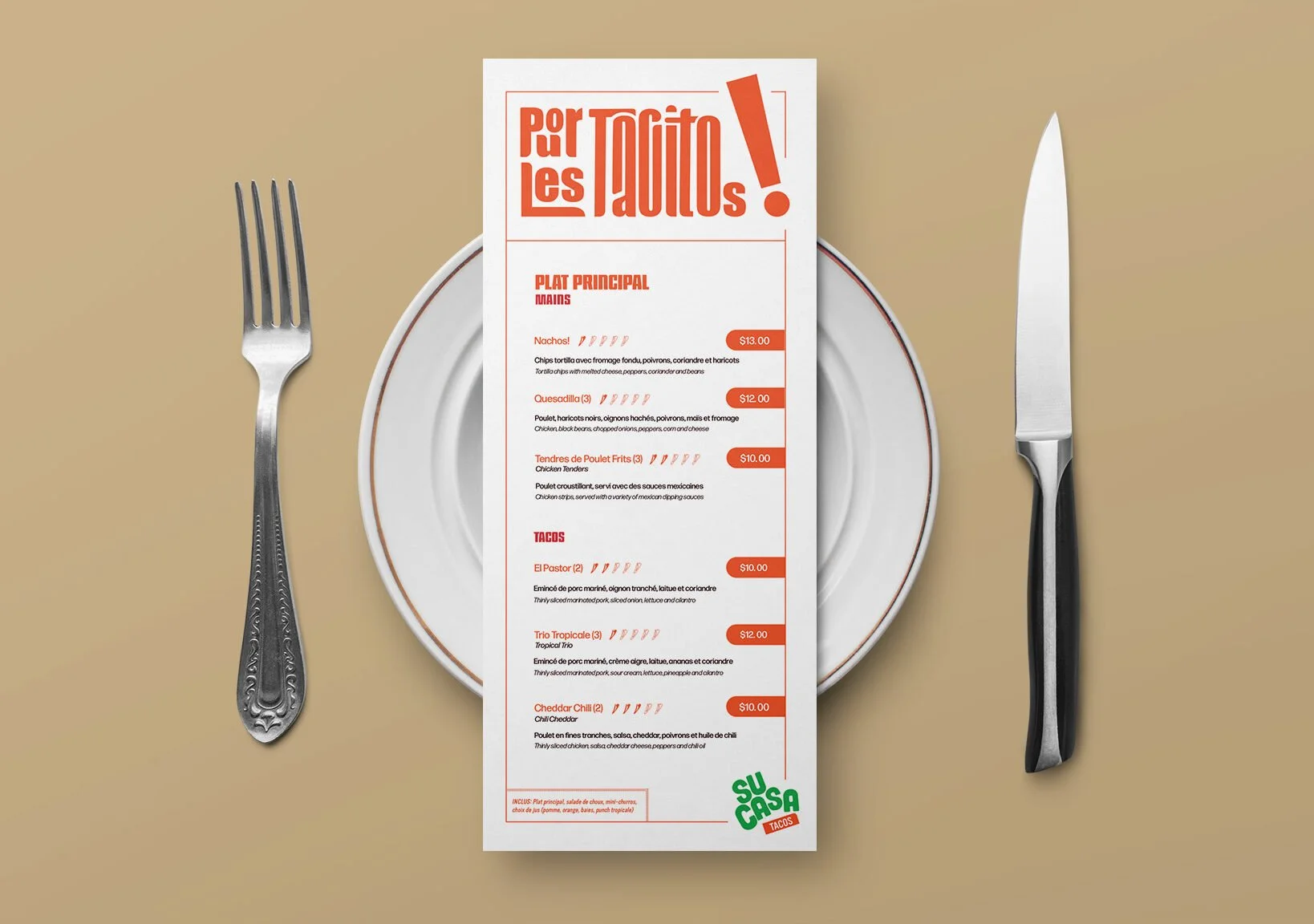 A restaurant menu placed on a white plate with a silver fork on the left and a silver knife on the right, on a beige surface.