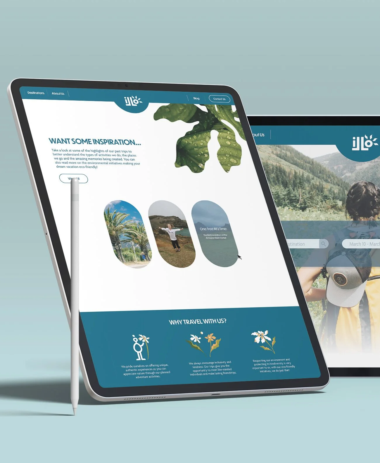 Digital tablet and stylus displaying a travel website with nature photos, text about travel inspiration, and reasons to travel with the company.