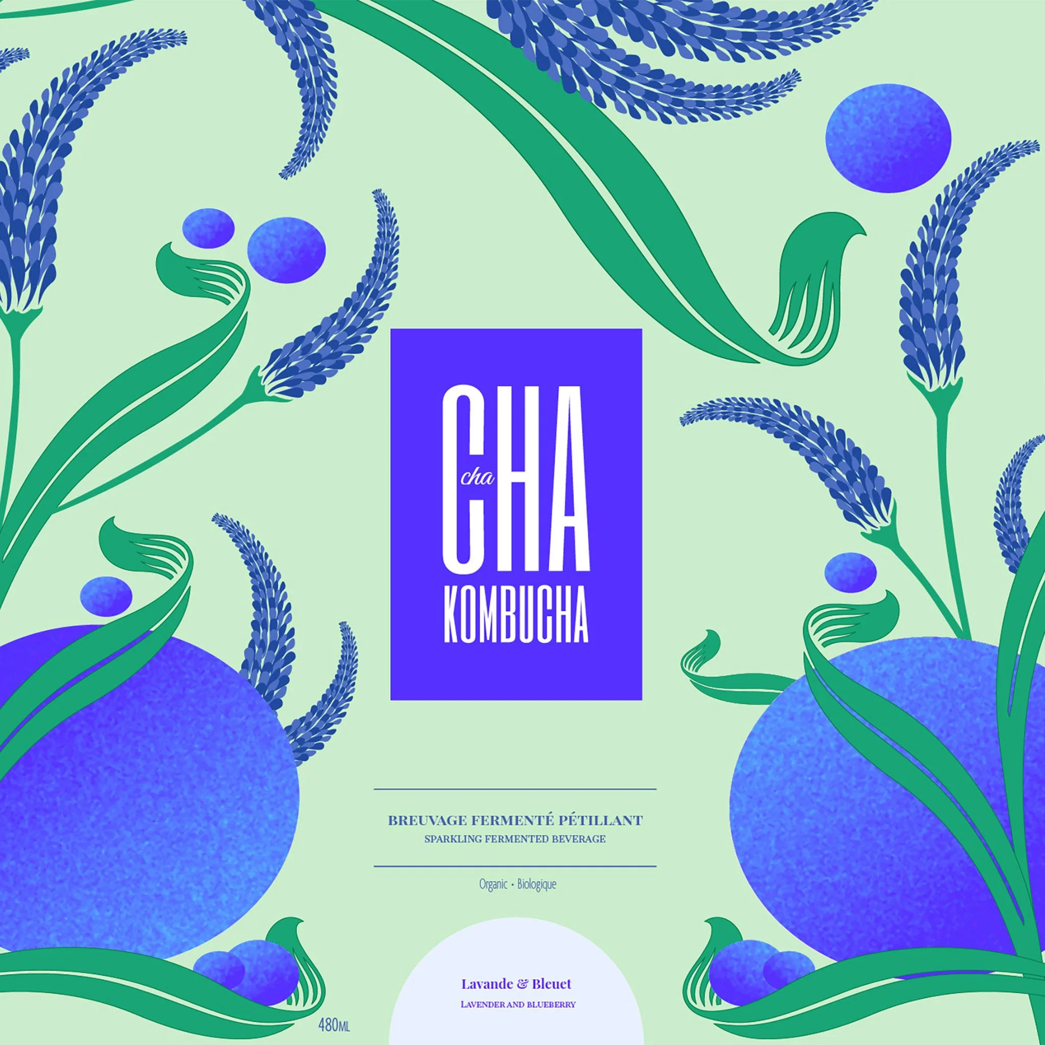 Packaging for Chacha Kombucha with a light green background, decorated with illustrations of blue blueberries and lavender sprigs, featuring a label with purple and white text that describes the beverage as sparkling fermented with lavender and blueb