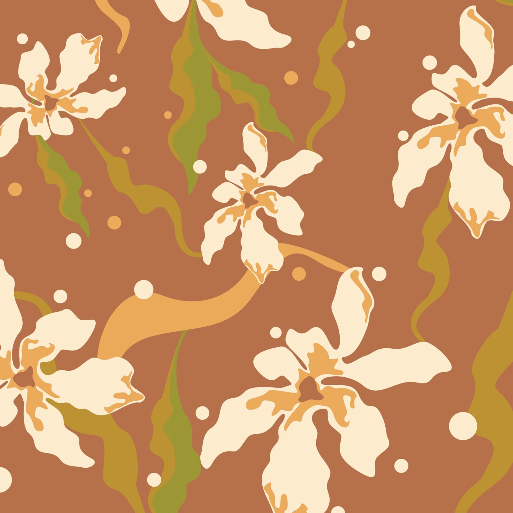 A floral pattern with cream-colored flowers, green leaves, and brown and tan background with small dots.