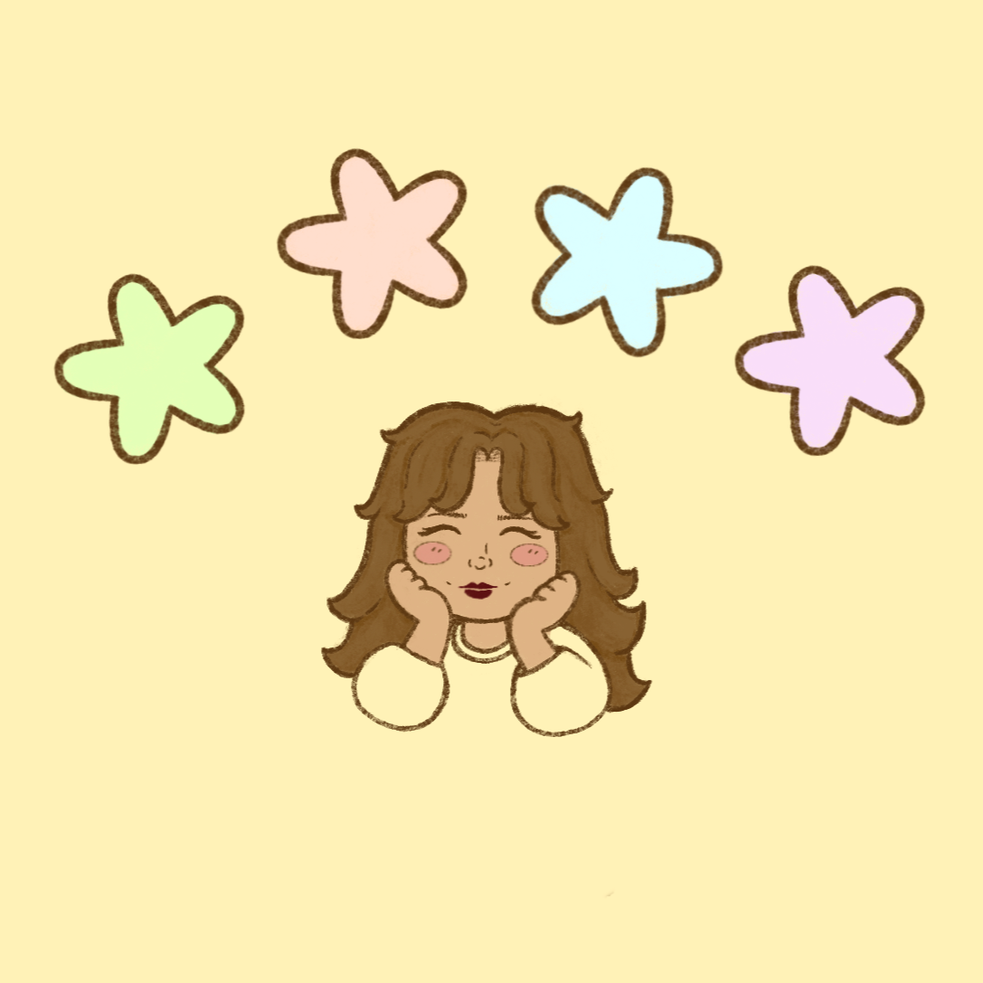 A cartoon girl with long brown hair resting her chin on her hands, smiling softly against a light yellow background with pastel-colored star shapes.