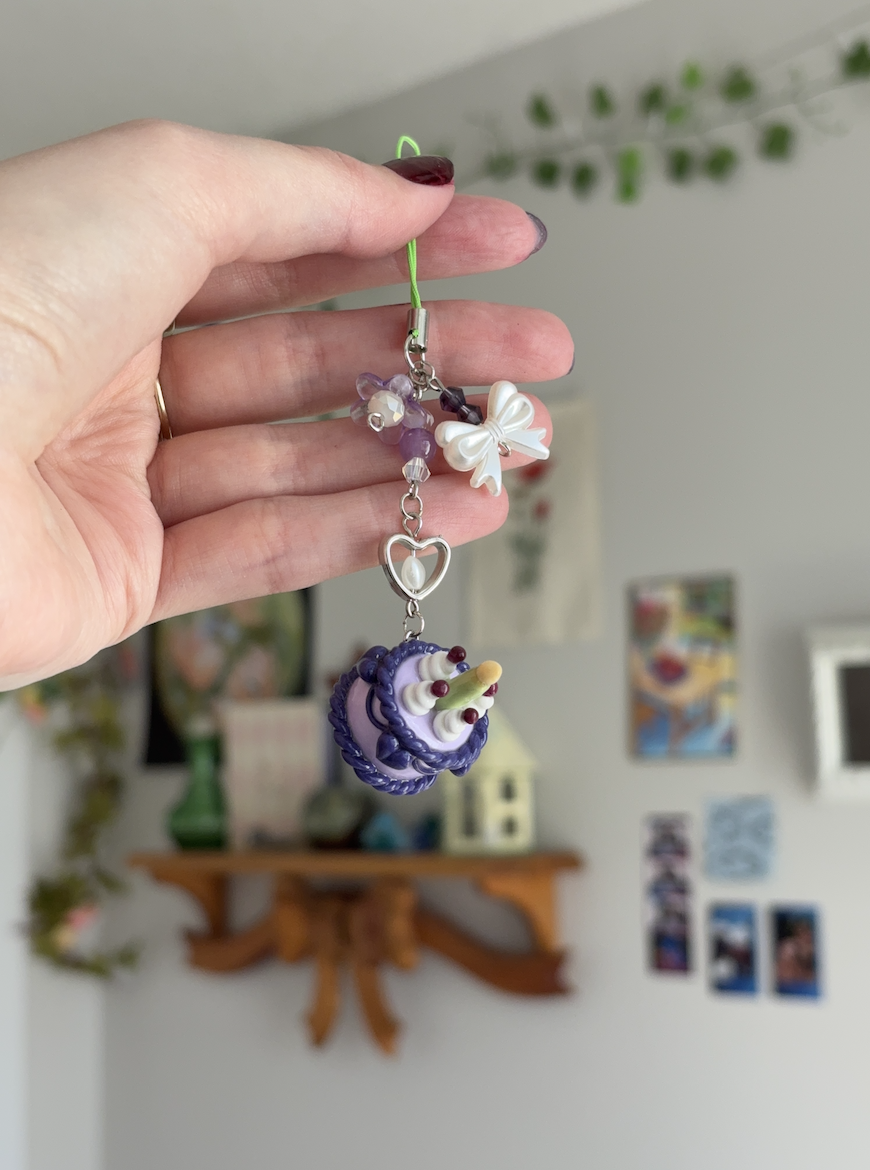 Purple Cake Charm Beaded Keychain