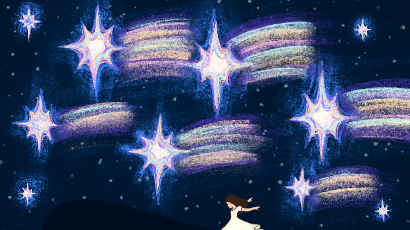 A girl in a white dress dancing on a dark hill under a night sky filled with large, shining stars and colorful streaks.
