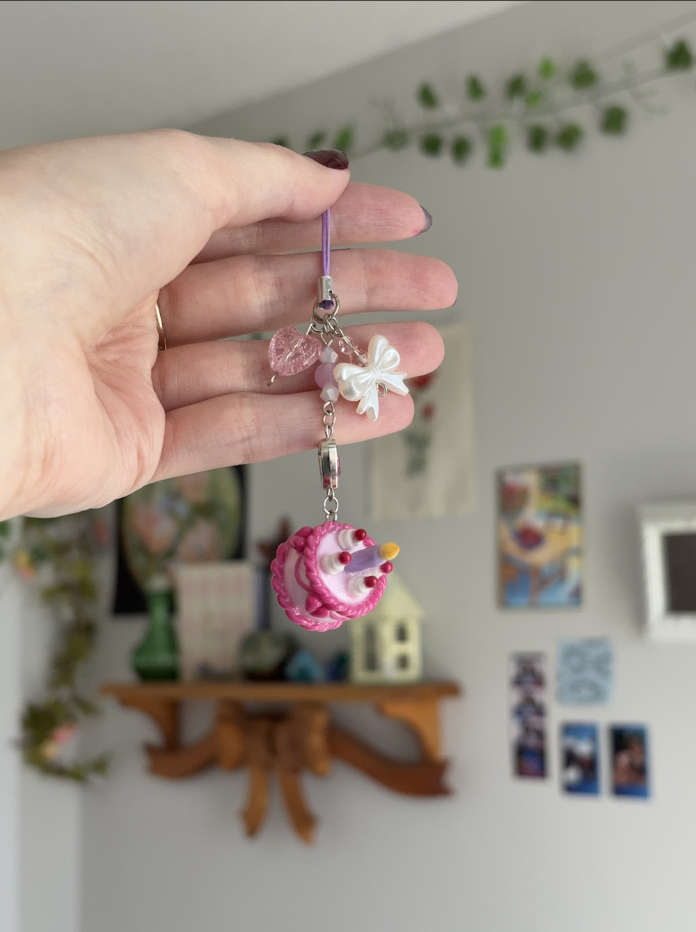 Pink Cake Charm Beaded Keychain