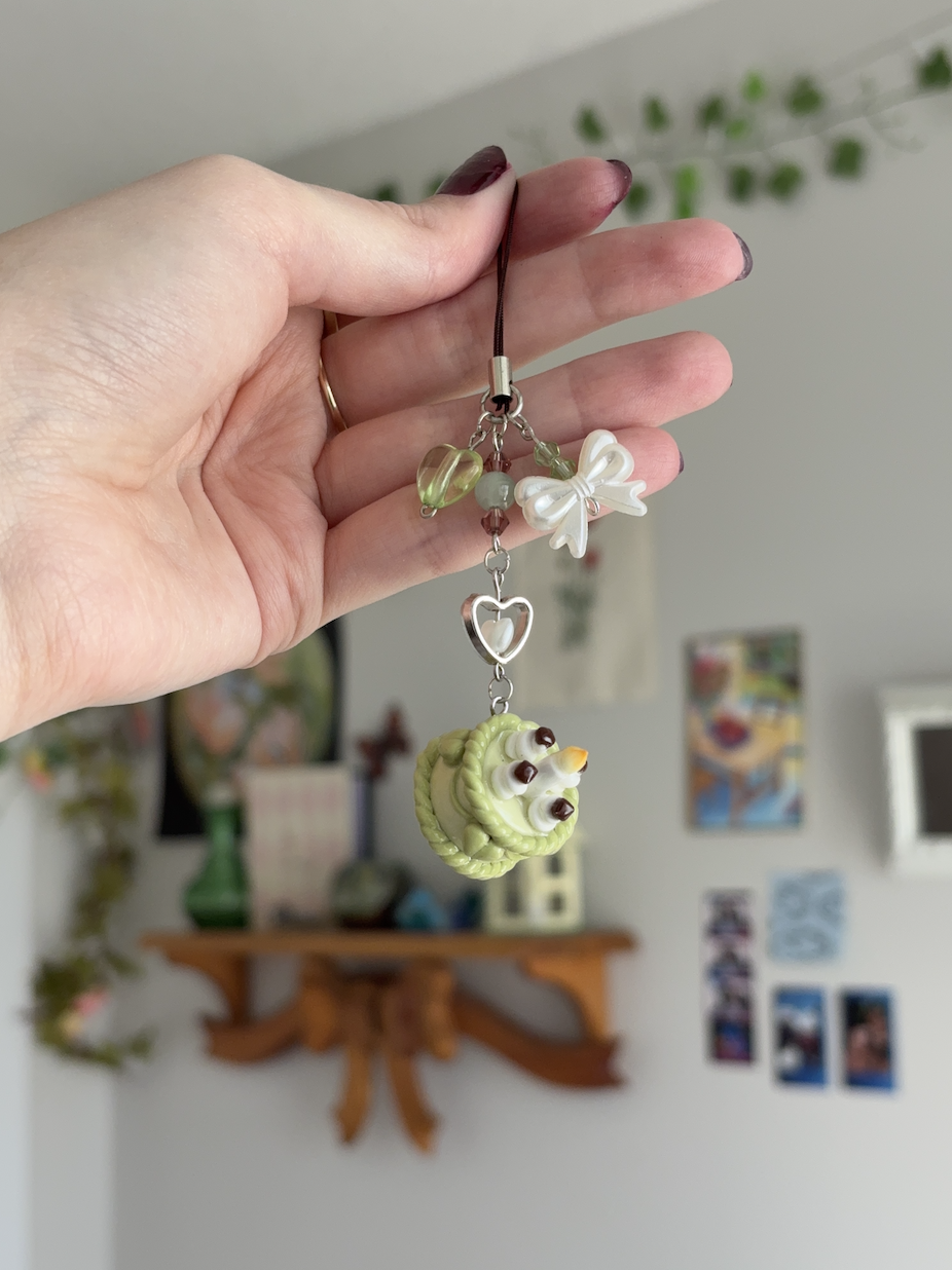 Matcha Cake Charm Beaded Keychain