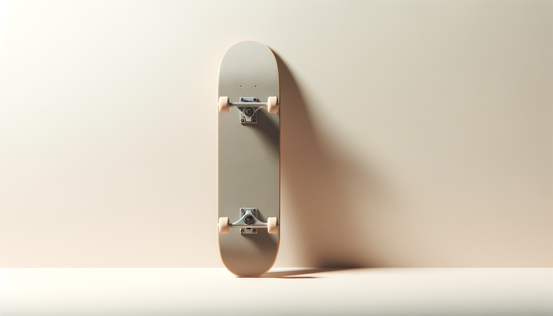 A skateboard with beige grip tape and white wheels leaning against a plain, light-colored wall.