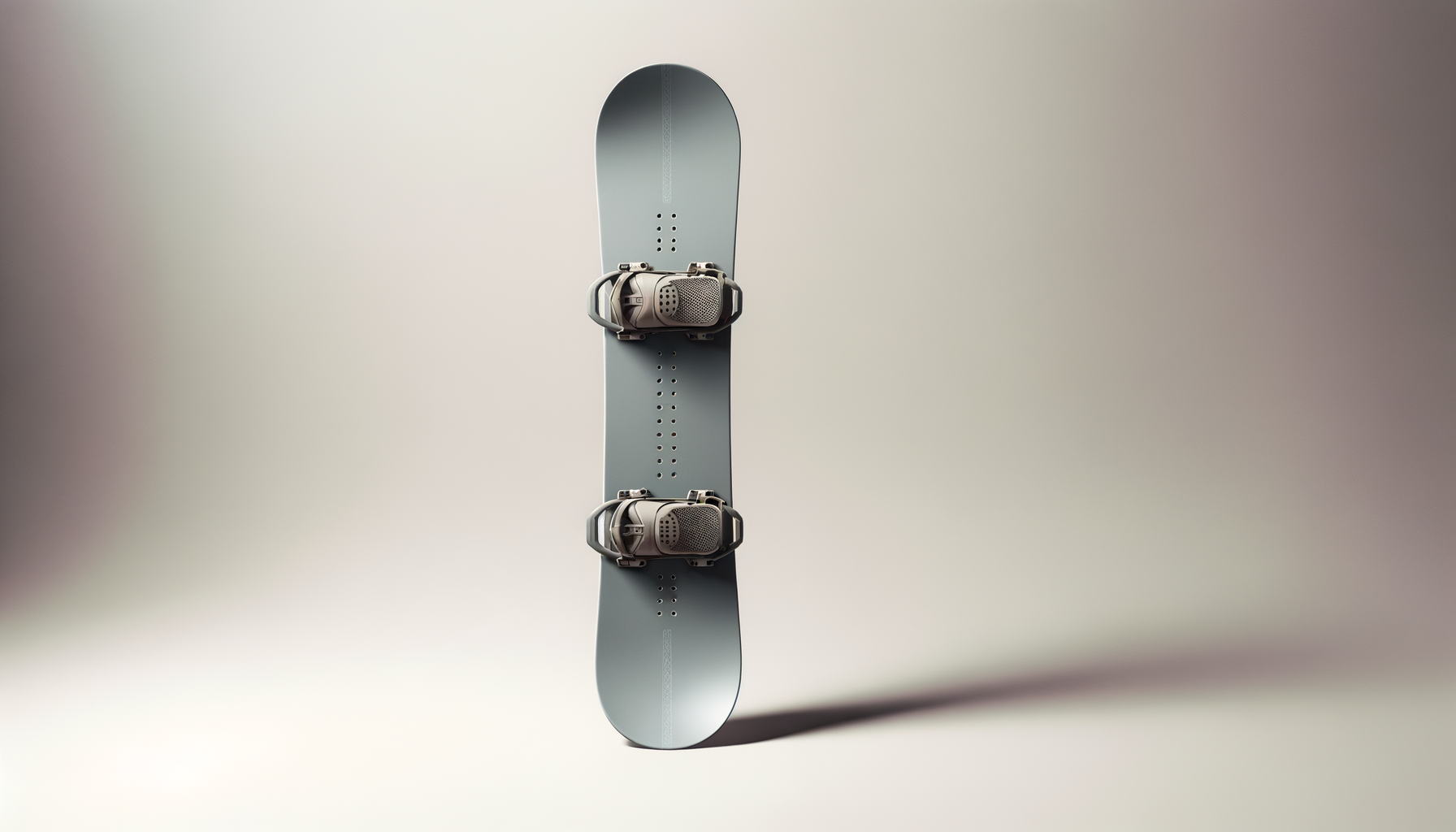 A skateboard with mounted bindings, designed for snowboarding, suspended in the air against a neutral background.