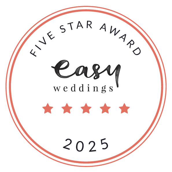 A circular badge with text and stars. The badge reads: 'Five Star Award', 'easy weddings', and '2025'. There are five red stars in the center.