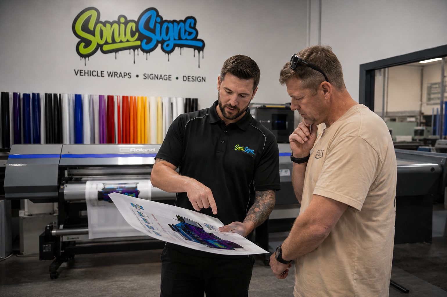 Two men are in a sign shop discussing a printed vehicle wrap. Behind them, there are rolls of colorful vinyl wrap material and a large printer. The store's sign reads 'Sonic Signs' with the words 'Vehicle Wraps', 'Signage', and 'Design' underneath.