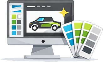 Computer screen displaying a digital car design with color palette samples beside it.
