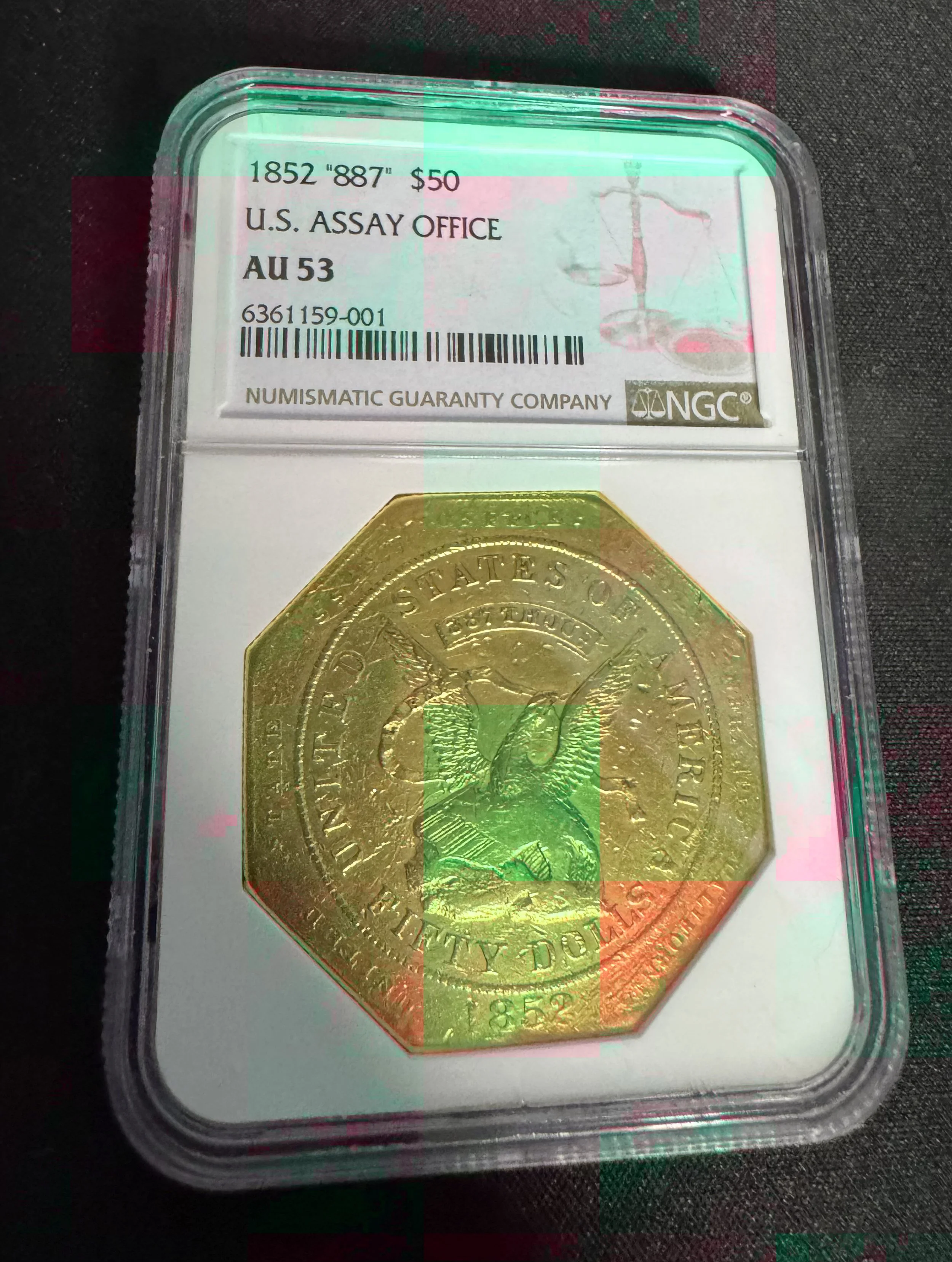 1852 $50 Humbert Gold Slug – NGC AU53