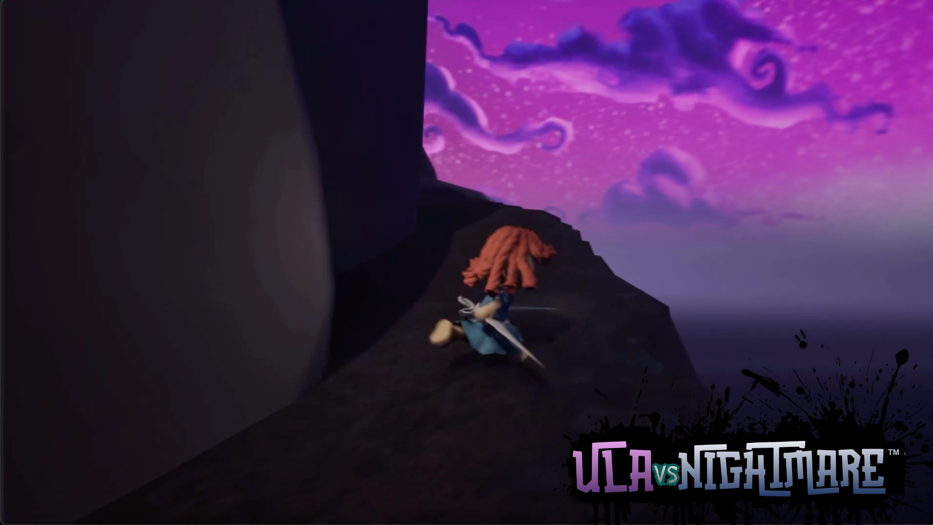 Screenshot of Ula running through the Sanctuary with the magenta sky.