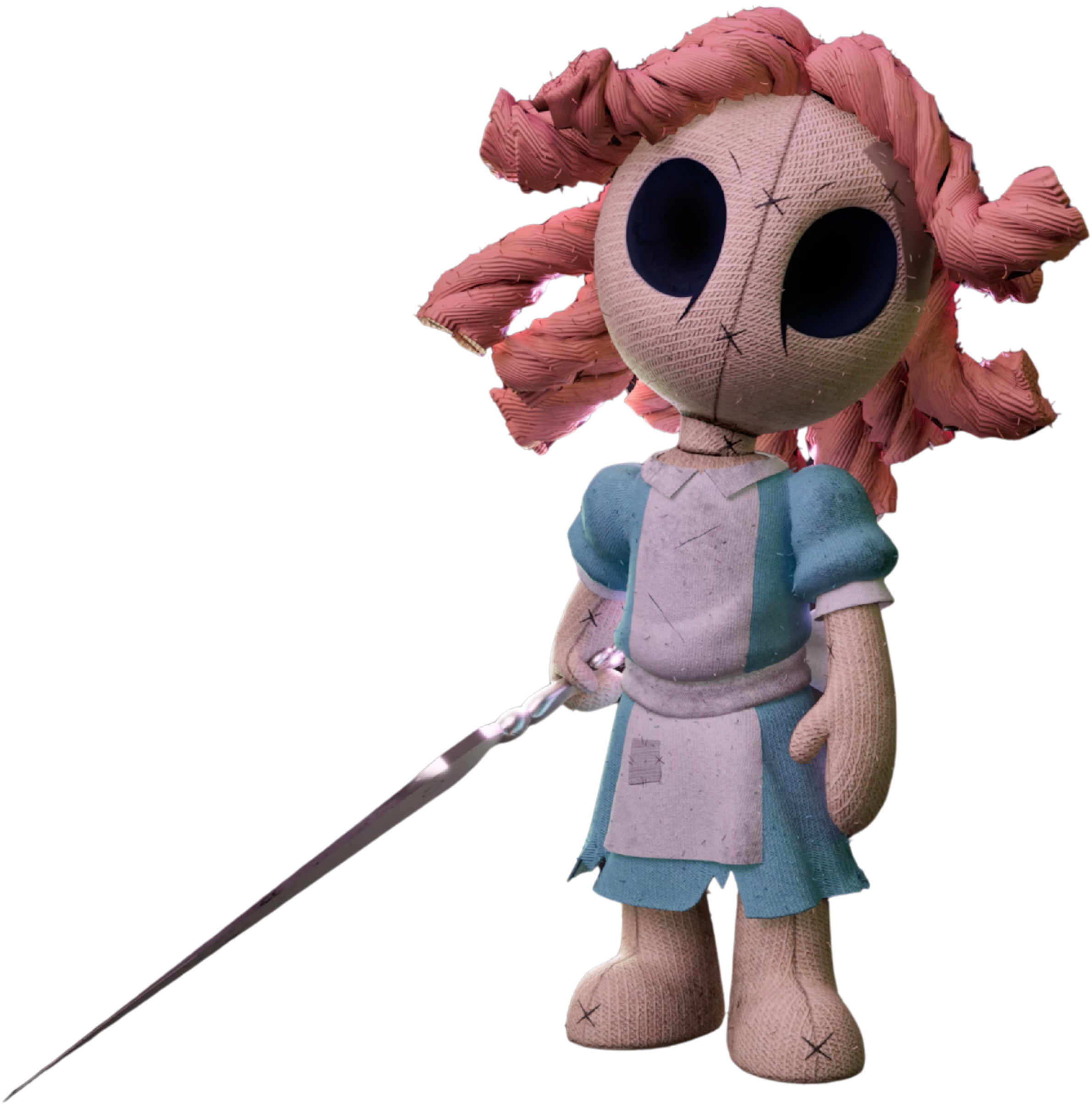 Soft plush doll with large black eyes, pink yarn hair in pigtails, wearing a blue dress with a white apron, holding a silver sword.