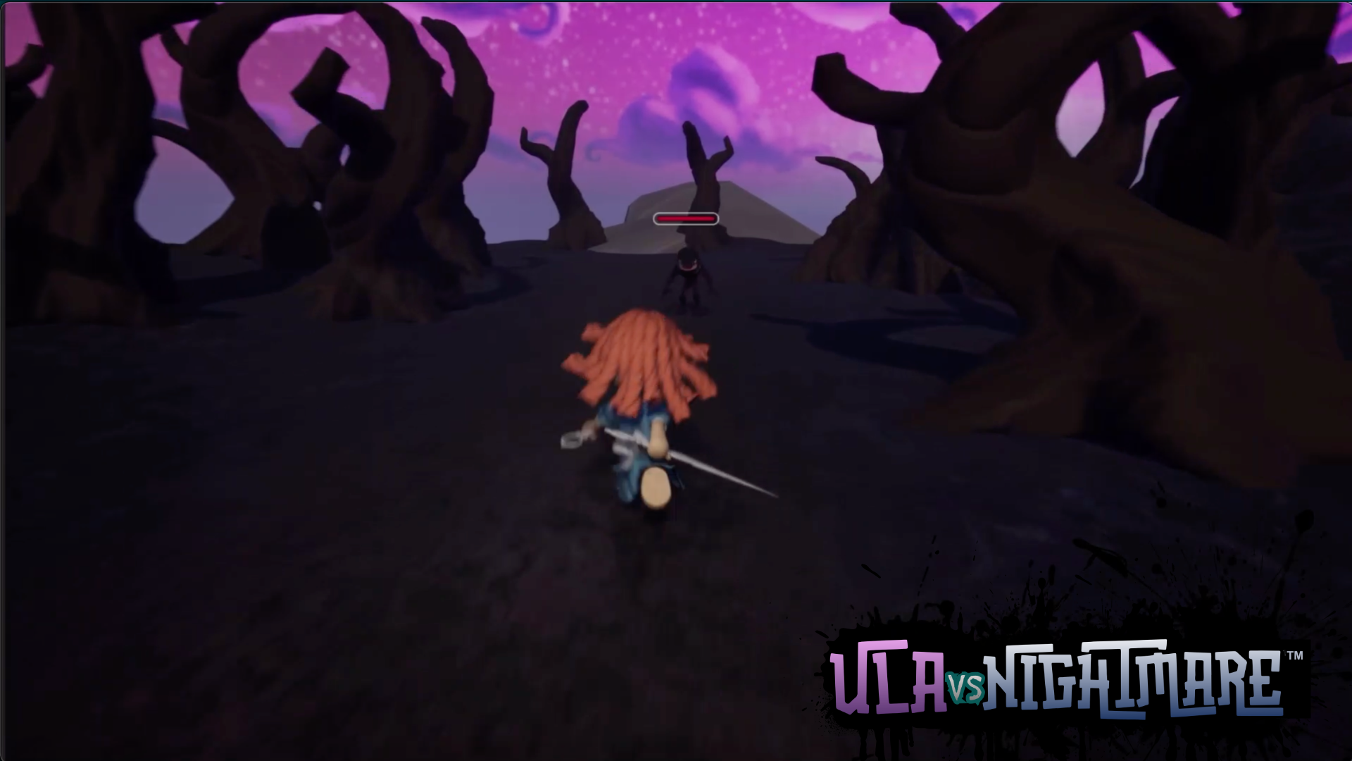 Screenshot of Ula running through the Sanctuary with the magenta sky.