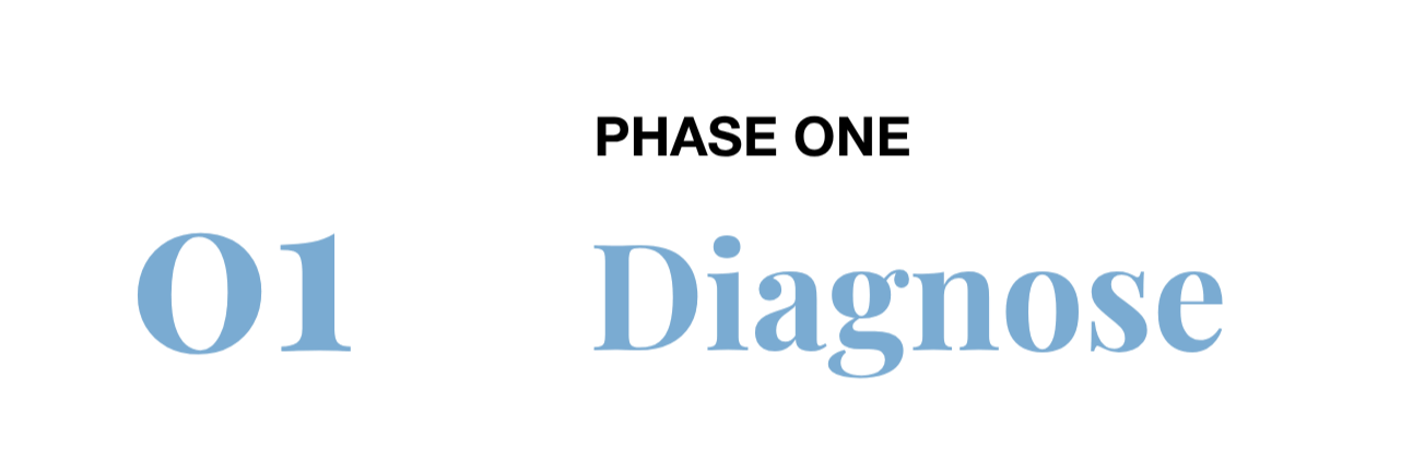 Step one of a process depicted as a black number 01 with the word 'Diagnose' in large blue text to the right.