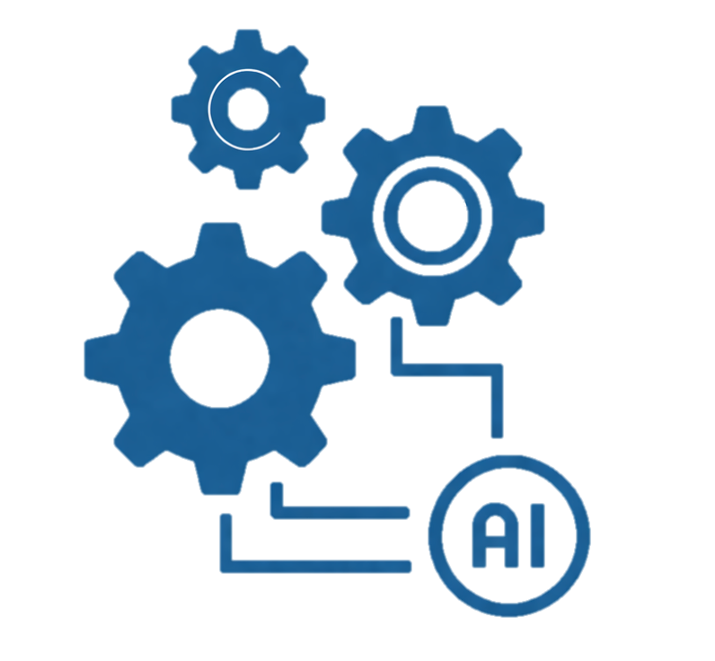 Illustration of four interconnected blue gears with an 'AI' label in a circle, symbolizing artificial intelligence and machine learning.
