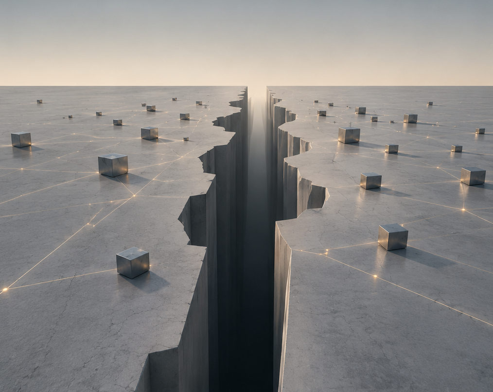 A digital illustration of a large fissure or crack running through a smooth, flat surface with embedded glowing lights and small metallic cubes, with a hazy sky in the background.