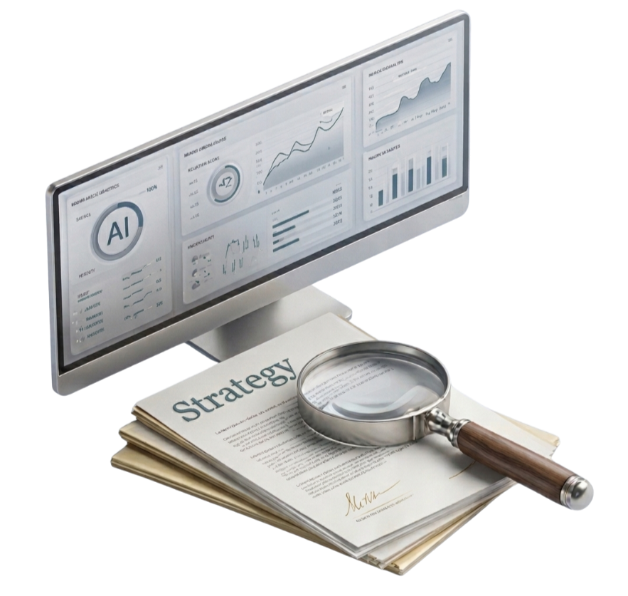 A computer monitor displaying graphs and charts, a stack of papers labeled "Strategy" with a magnifying glass on top.