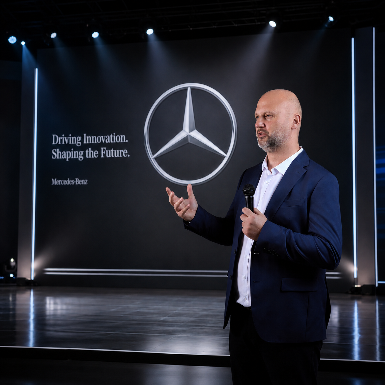 A man in a suit holding a microphone giving a presentation on stage. Behind him on a screen, there is the Mercedes-Benz logo and the text 'Driving Innovation. Shaping the Future.'