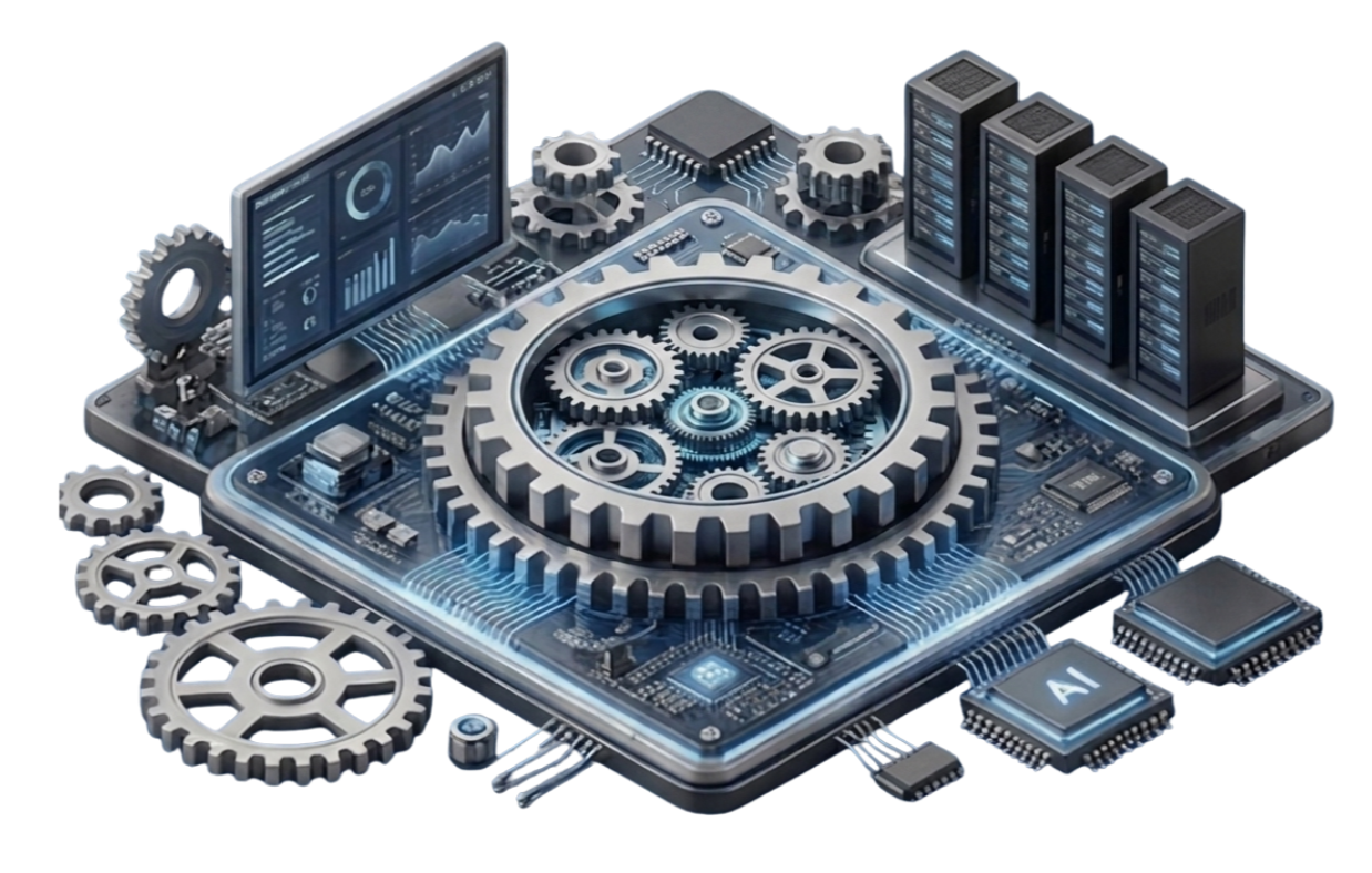 Digital illustration of a futuristic computer circuit board with gears, a monitor displaying data, AI chip, and server racks.