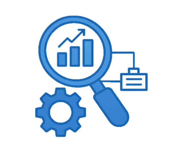 Illustration of a magnifying glass focusing on a bar chart with an upward trend, accompanied by a gear icon, symbolizing data analysis or business growth.