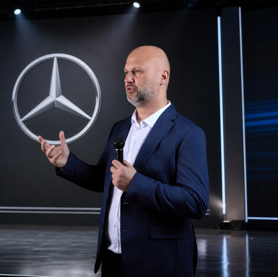 A man in a dark suit speaking into a microphone on stage with the Mercedes-Benz logo in the background.