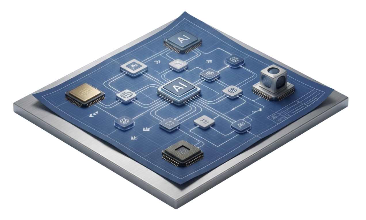 A digital illustration of a circuit board with AI chips and components on blueprints