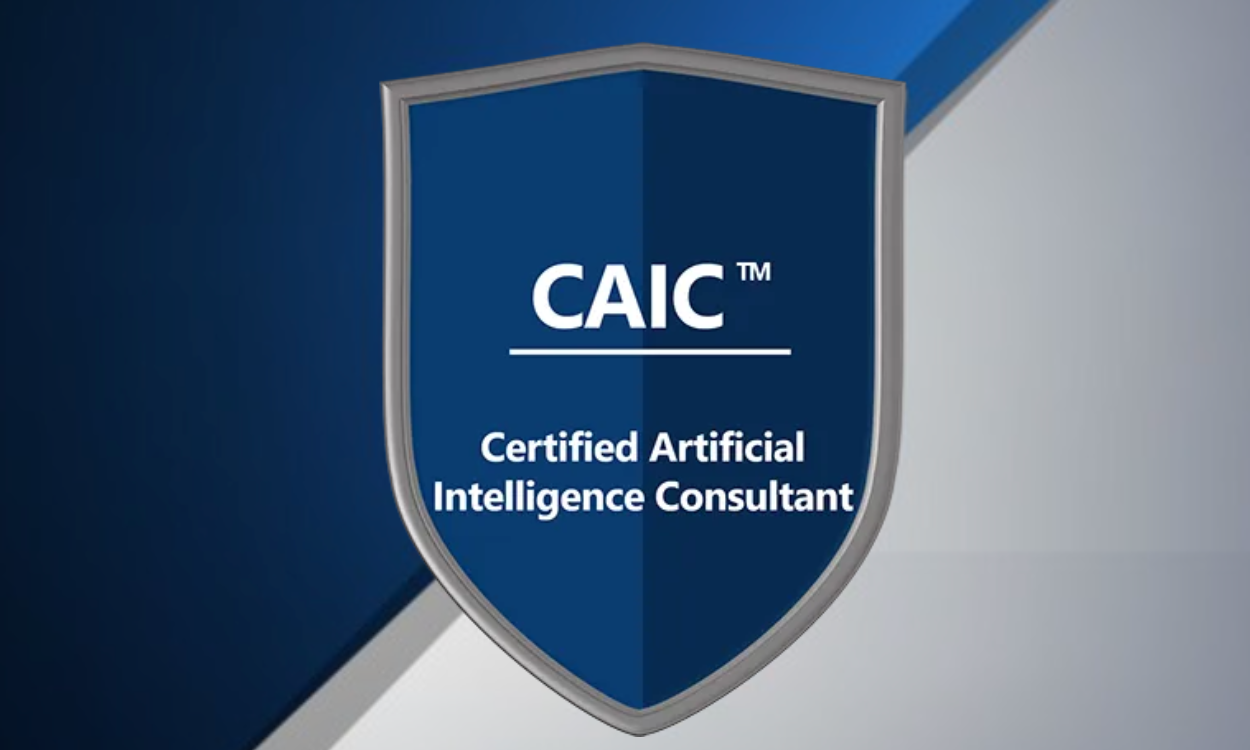 A badge with a shield shape featuring the logo of CAIC, a certification for a Certified Artificial Intelligence Consultant. The badge has a blue background with a silver border.