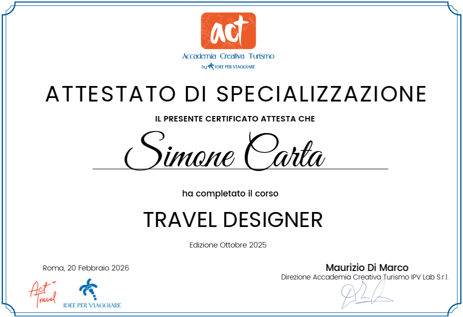 Certificato di specializzazione rilasciato a Simone Carta per il corso Travel Designer, ottobre 2025, dall'Accademia Creativa Turismo.