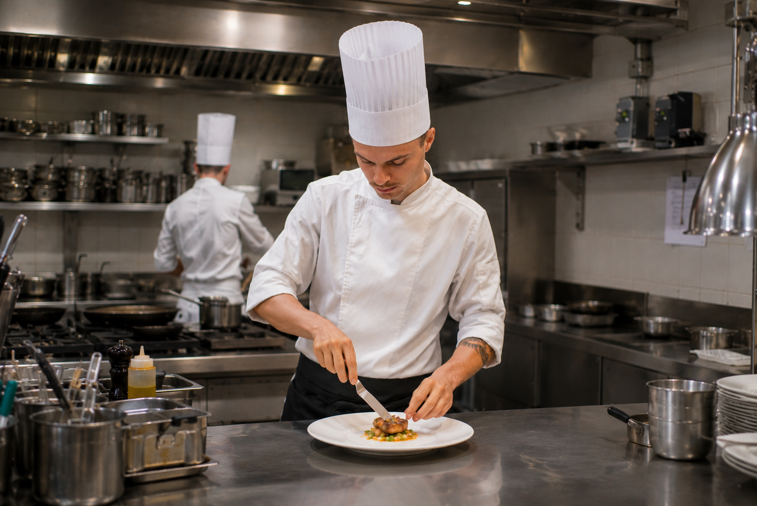Cuoco professionale che sistema un piatto gastronomico in cucina moderna.
