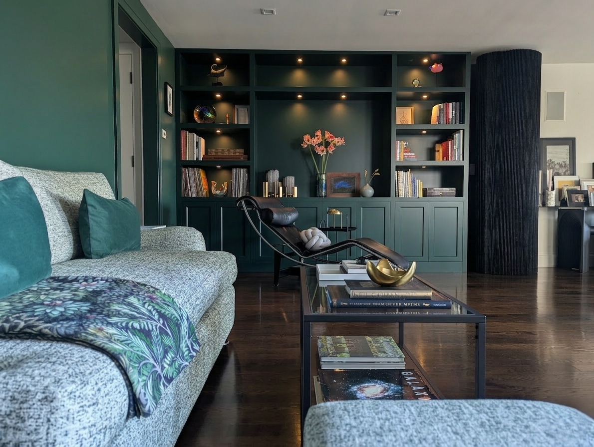 San Francisco living room with a green wall and built-in bookshelf, gray sofa with teal pillows, black LeCorbusier lounge chair, IKEA glass coffee table with books and decorative items, hardwood floors.