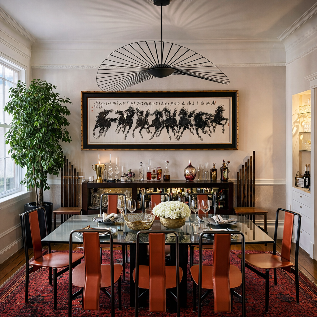 Elegant dining room with a rectangular glass table set with white napkins, wine glasses, and a flower centerpiece. The room has a red patterned rug, a large window on the left, a green potted plant, and a black buffet with liquor bottles and decorative items. A framed black and white painting of running horses hangs on the wall, and a modern black leaf-shaped chandelier hangs from the ceiling.