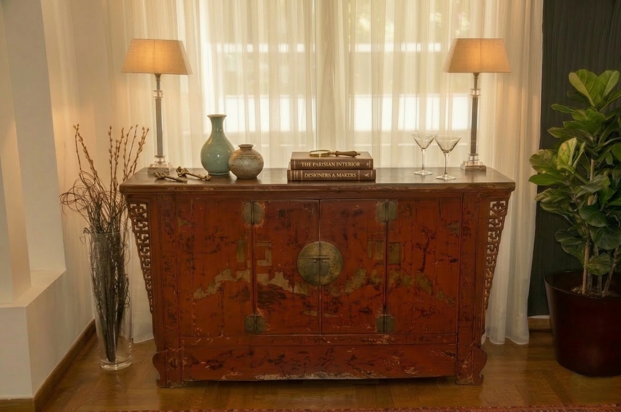 A wooden Asian sideboard with Asian-style brass hardware in front of a window with sheer curtains. Two table lamps, vases, a stack of books, and glassware are on top of the sideboard. A large leafy plant is in a pot to the right.